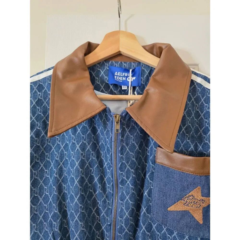 Aelfric Eden Vintage Denim Jacquard Cropped Jacket Long Sleeve Jean Coat Xl Nwt — image 4 of 8